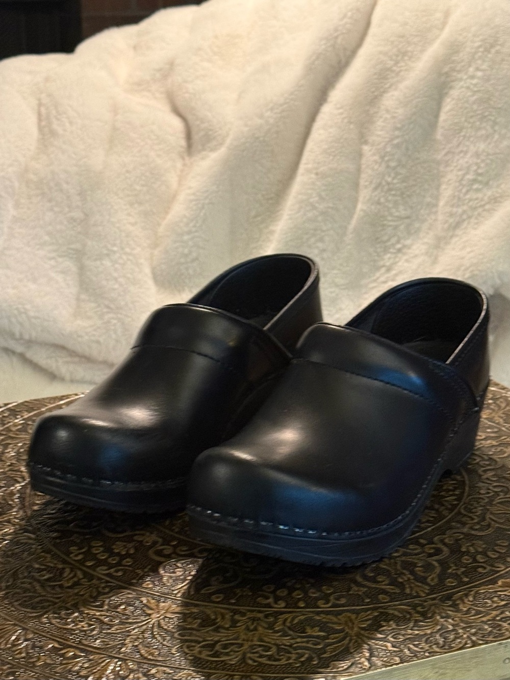 Dansko Black Leather Slip-On Clogs